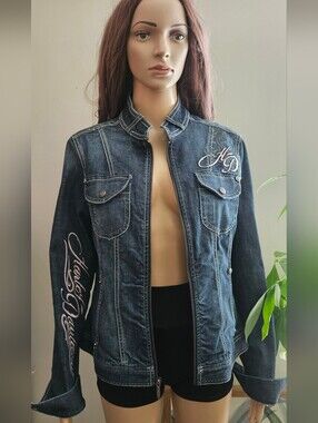 Harley Davidson Denim Jean Jacket Embroidered Pink Script Zip Up Rare Dark Wash